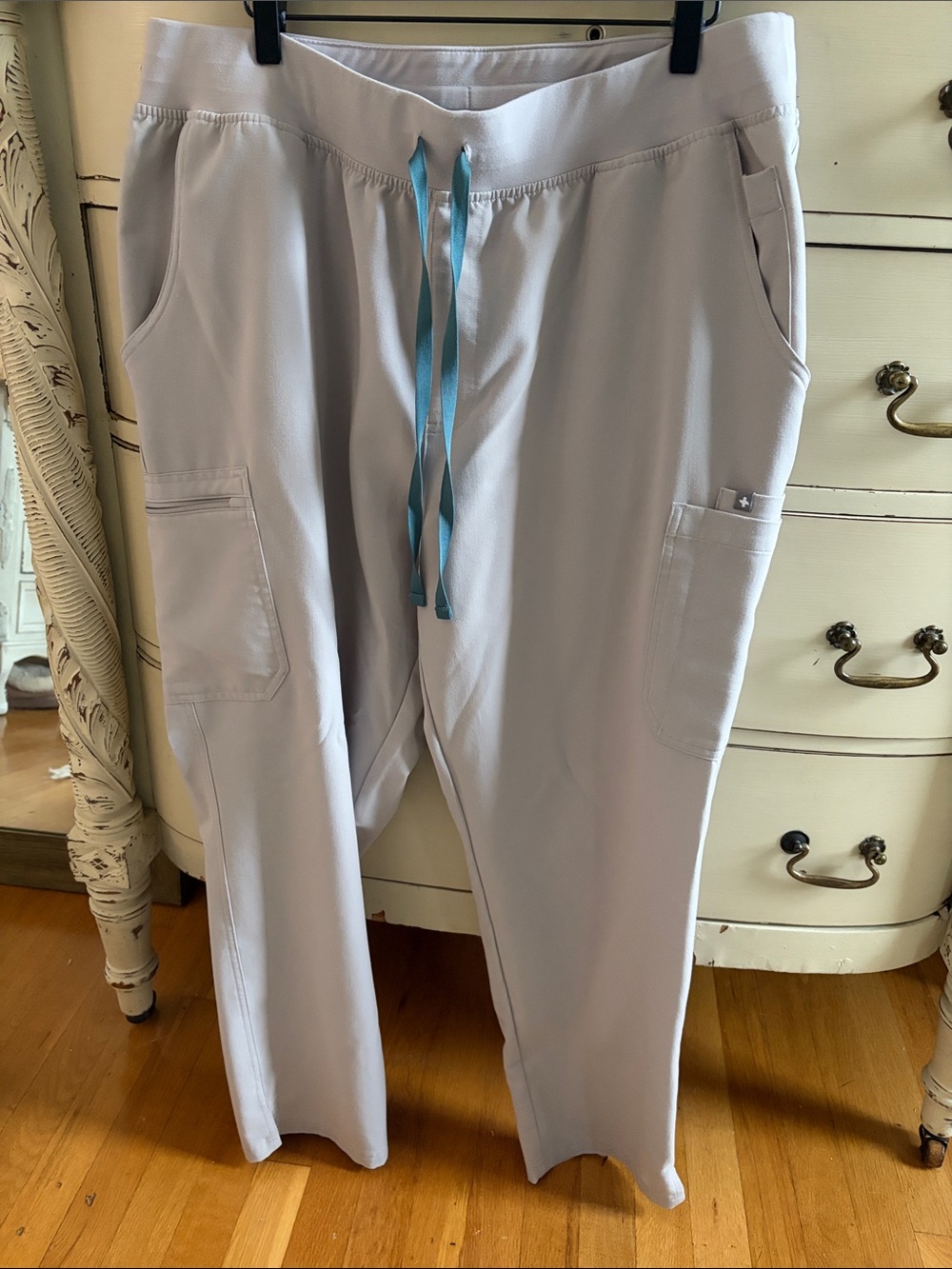 Figs Women's Light Grayish purple cargo scrub Pants with Teal Drawcord